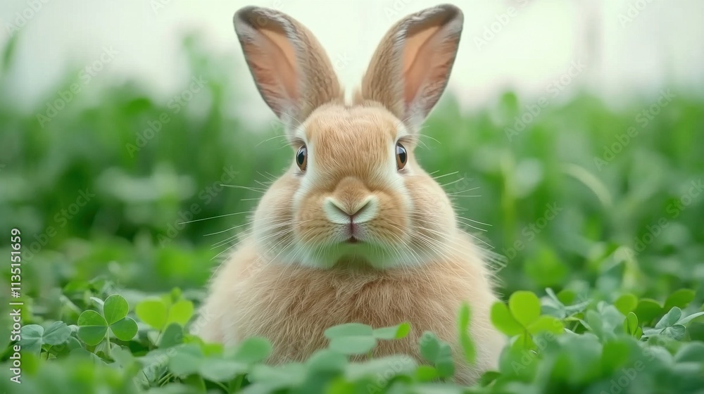Adult Flemish Giant rabbit in clover field with eyes focused Adult Flemish Giant rabbit in clover field with eyes focused