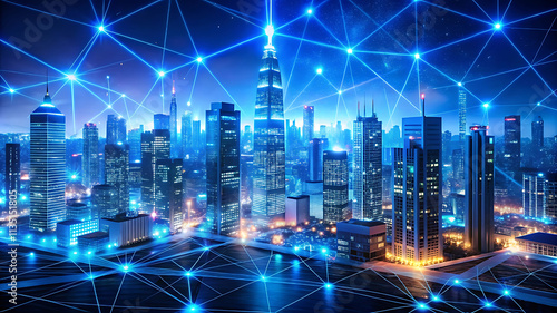 Wallpaper Mural Futuristic Smart City Nightscape – Blue Neon Infrastructure with Metaverse Concept, Big Data Connectivity, and 3D Digital Artwork for Technology and Innovation Visuals. Torontodigital.ca