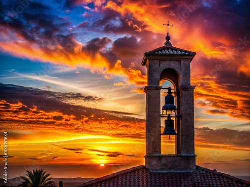 Silhouette of the Bell Tower of Sant Antonio Church in Vilanova i la Geltru at Sunset with Dramatic Sky and Copy Space for Text or Graphics photo