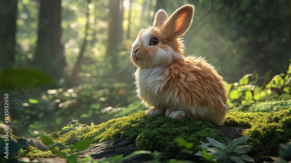 Fototapeta premium Meticulously groomed rabbit with fluffy fur in forest clearing