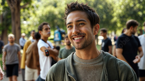 Smiling young man enjoying a sunny day in a lively urban park filled with people socializing and relaxing outdoors