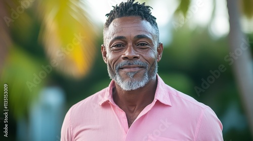 A middle-aged man with a grey beard and styled hair beams in a pink shirt, set against a soft outdoor background, representing joy and contentment. photo