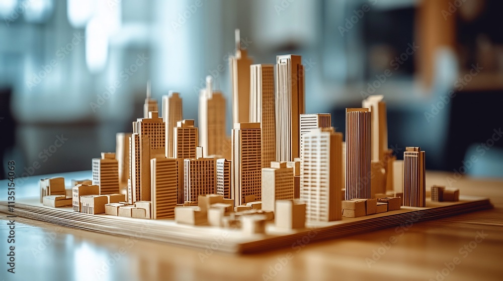 Wooden model of a modern city skyline on a table. Wooden model of a modern city skyline on a table.