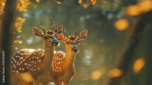 Two spotted deer stand gracefully by a serene water body, surrounded by autumn foliage.