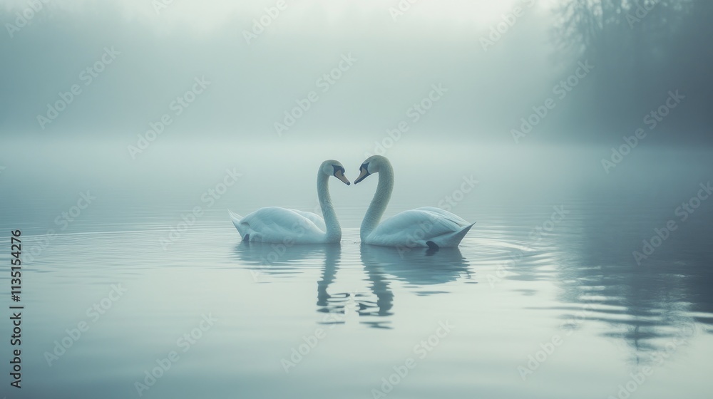 Fototapeta premium Two swans gracefully face each other on a misty lake, creating a serene and romantic scene.