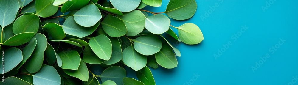Vibrant green leaves against a bright blue background for nature and botanical freshness concept. Vibrant green leaves against a bright blue background for nature and botanical freshness concept.