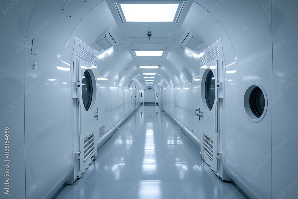 Futuristic Corridor with Sleek White Walls and Circular Windows Futuristic Corridor with Sleek White Walls and Circular Windows