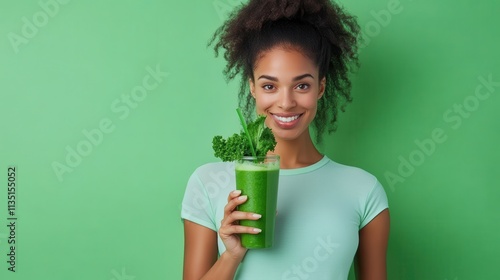 A young woman with curly hair smiles warmly while holding a large green smoothie, showcasing themes of health and positivity against a verdant backdrop. photo