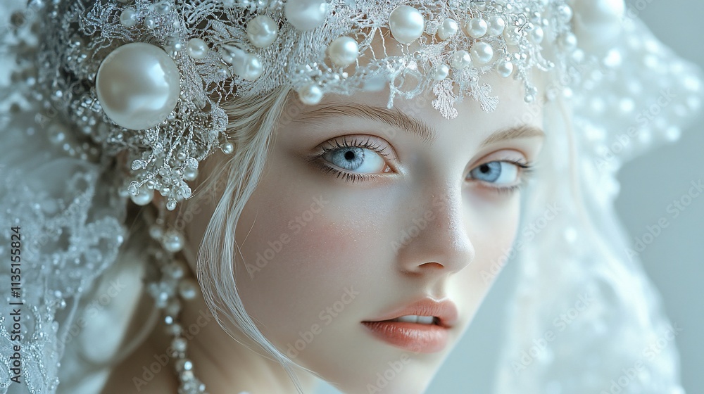 Fair young woman with pearl headpiece and lace veil, ethereal look. Fair young woman with pearl headpiece and lace veil, ethereal look.