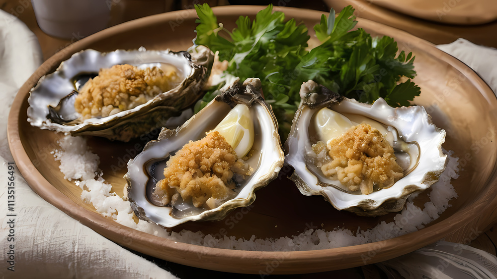 detailed close-up image of a plate of baked oysters detailed close-up image of a plate of baked oysters