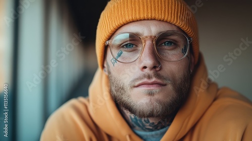 A close-up portrait of a young man wearing an orange beanie and glasses, with prominent facial tattoos and a nose ring, exuding a confident urban vibe. photo