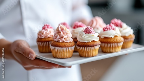 Cupcakes feature pink frosting and candy decorations, displayed elegantly on a white tray, offering an enticing scene for sweet-toothed admirers. photo