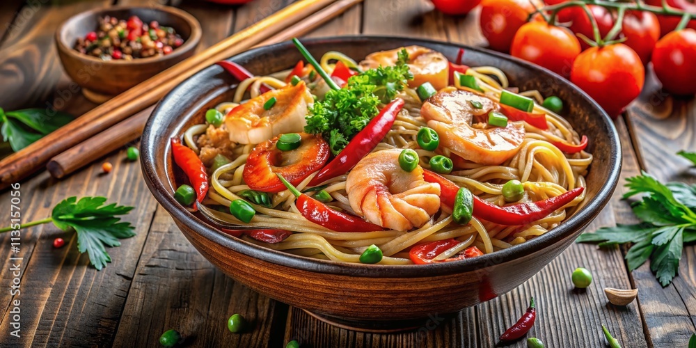 Spicy Noodles with Shrimp and Pork in a Vibrant Bowl Surrounded by Colorful Ingredients and Herbs, Captured in High Depth of Field for Culinary Enthusiasts Spicy Noodles with Shrimp and Pork in a Vibrant Bowl Surrounded by Colorful Ingredients and Herbs, Captured in High Depth of Field for Culinary Enthusiasts