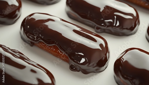 Delicious chocolate eclairs glisten with a rich, glossy coating photo