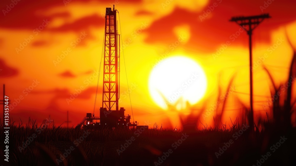 Sunset Over Oil Rig with Silhouette and Dramatic Sky Colors Sunset Over Oil Rig with Silhouette and Dramatic Sky Colors