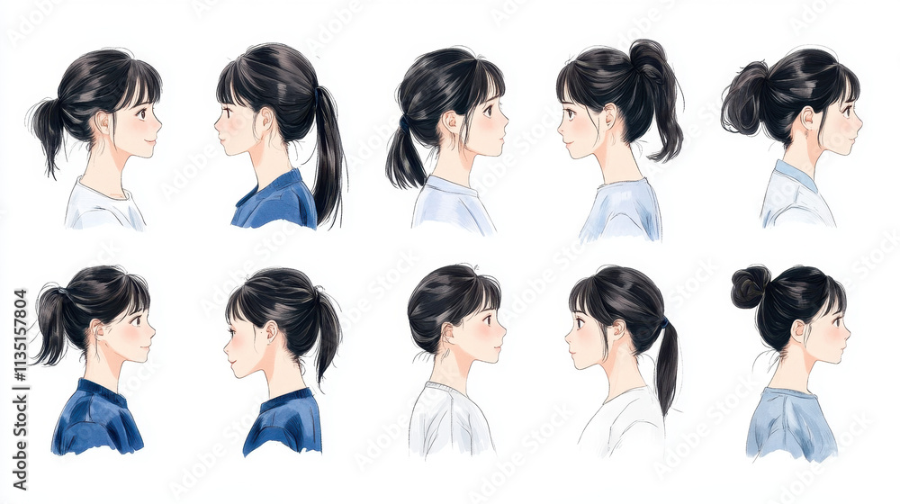Young Lady in Various Poses Illustration