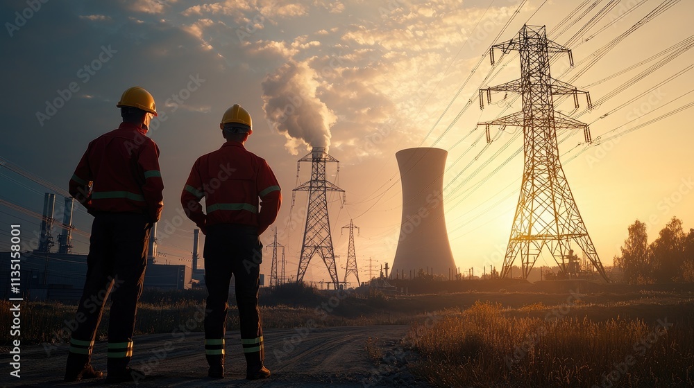 Obraz premium Workers in Safety Gear Observe Power Plant at Sunset