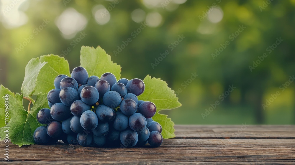 A cluster of ripe blue grapes with green leaves, resting on a wooden surface, set against a blurred natural background. A cluster of ripe blue grapes with green leaves, resting on a wooden surface, set against a blurred natural background.