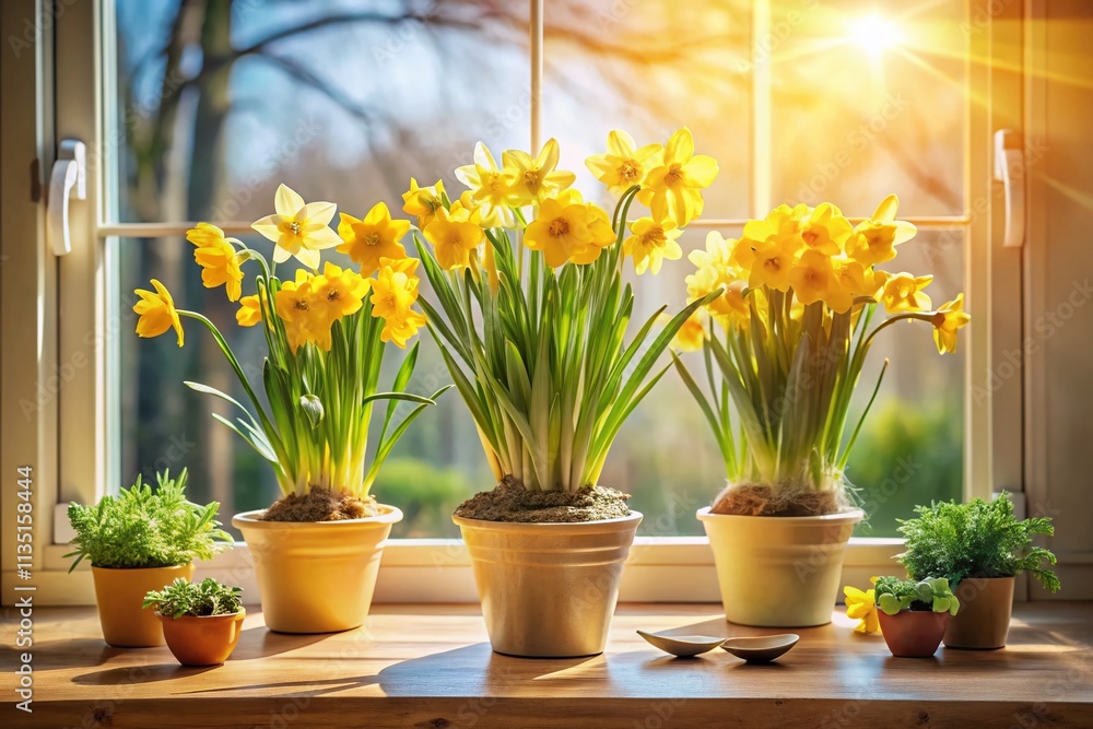 custom made wallpaper toronto digitalSpring Serenity: Yellow Narcissus Blooms on Windowsill, Showcasing the Beauty of Live Flowers in Home Decor and Emphasizing Home Plant Care