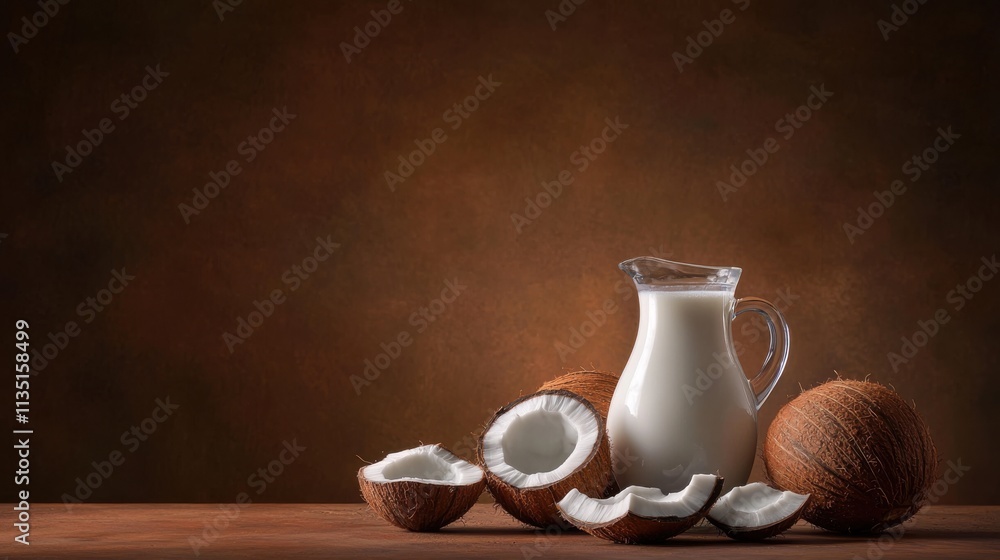 A serene arrangement of coconut halves surrounding a jug of coconut milk on a wooden surface, against a warm, dark background. A serene arrangement of coconut halves surrounding a jug of coconut milk on a wooden surface, against a warm, dark background.