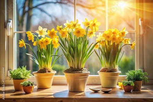Wallpaper Mural Spring Serenity: Yellow Narcissus Blooms on Windowsill, Showcasing the Beauty of Live Flowers in Home Decor and Emphasizing Home Plant Care Torontodigital.ca