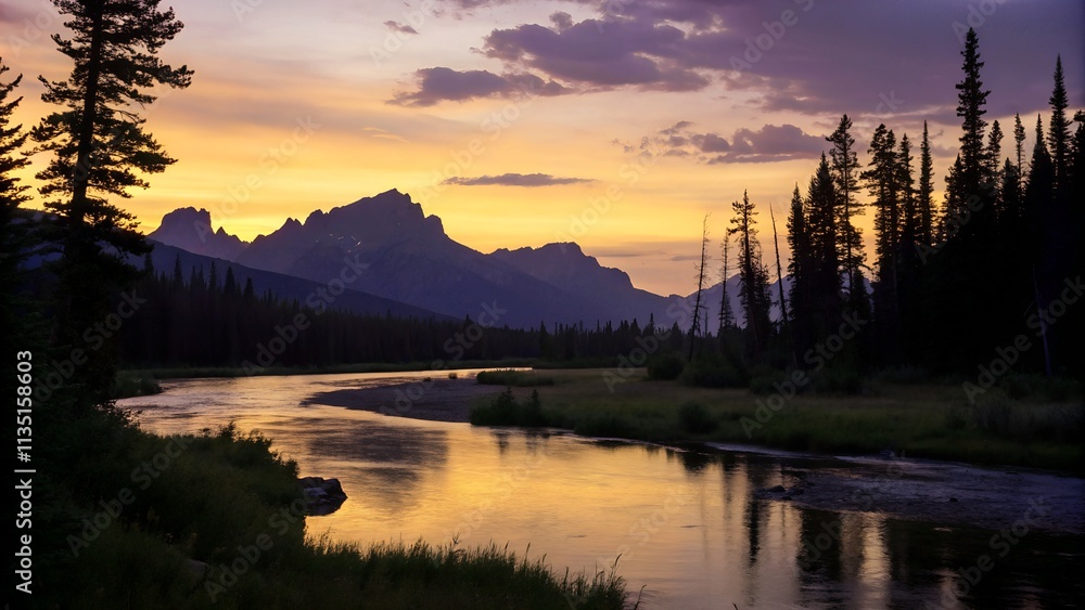 Fototapeta premium Serene Mountain Landscape with a Calm River and Autumn Colors