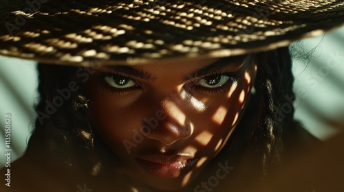 A woman with a fierce gaze stares confidently under the shadows of a woven hat, her intense expression accentuated by the play of light and texture. photo