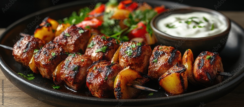 Grilled meat skewers with roasted vegetables and yogurt dip. Grilled meat skewers with roasted vegetables and yogurt dip.
