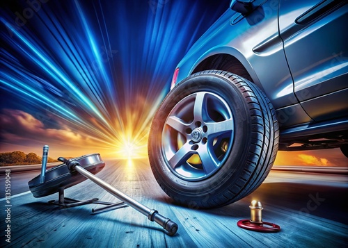 Wallpaper Mural Step-by-Step Guide to Changing a Flat Tire: A Long Exposure of a Tire Change Process on a Car with Tools and Equipment in a Dynamic Setting Torontodigital.ca