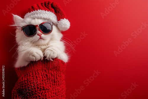 santa claus cat with red hat and antlers against red background