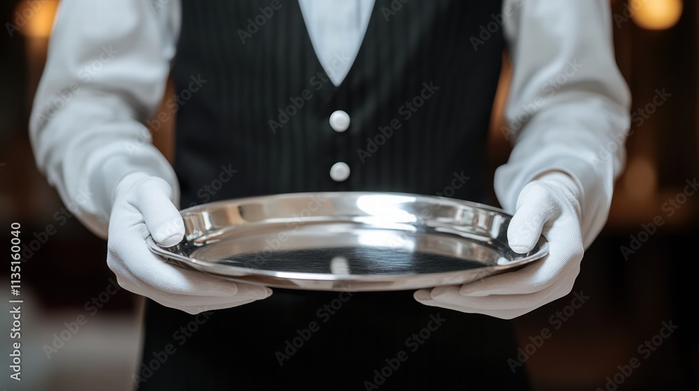 Portrait of an elegant butler or waiter in a waistcoat and white gloves, holding a silver serving tray, embodying professional hospitality and the 'at your service' concept. Portrait of an elegant butler or waiter in a waistcoat and white gloves, holding a silver serving tray, embodying professional hospitality and the 'at your service' concept.
