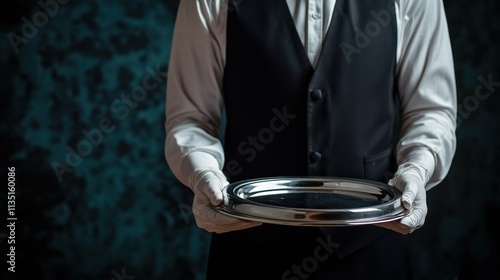 Portrait of an elegant butler or waiter in a waistcoat and white gloves, holding a silver serving tray, embodying professional hospitality and the 'at your service' concept. photo