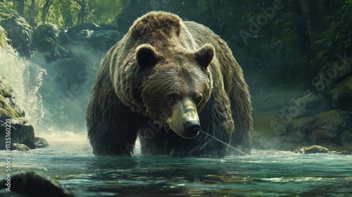 Powerful grizzly bear fishing in crystalclear river dramatic lighting photo