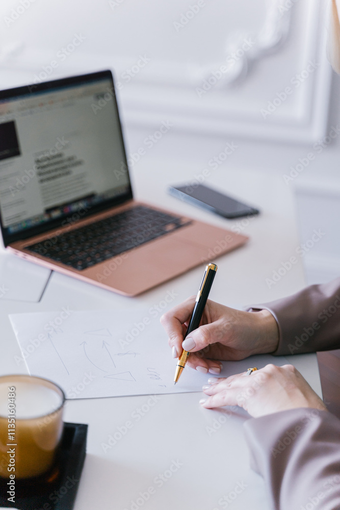 European business woman CEO working on laptop sitting at table workspace, making notes in office.