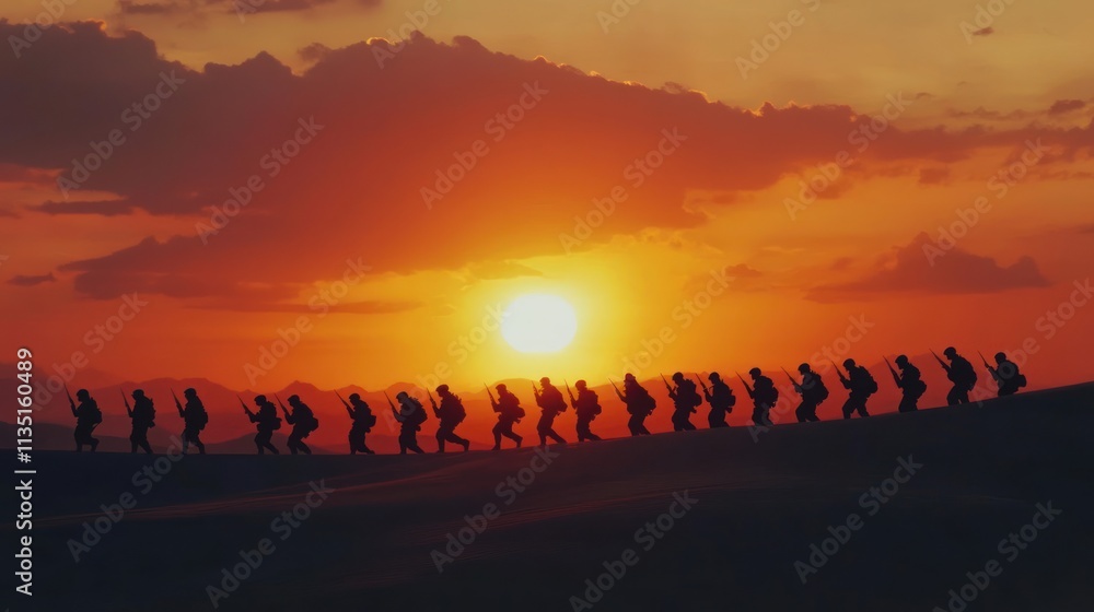 Silhouetted Soldiers Marching at Sunset Silhouetted Soldiers Marching at Sunset