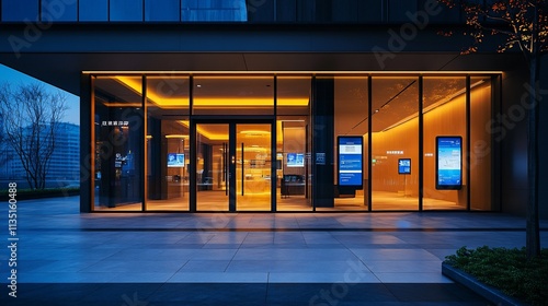 Modern building entrance at night, illuminated glass storefront with digital displays.