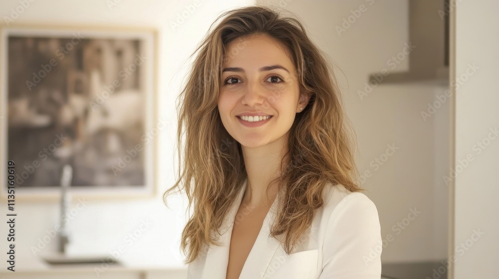 Smiling Woman in Bright Office Environment Smiling Woman in Bright Office Environment