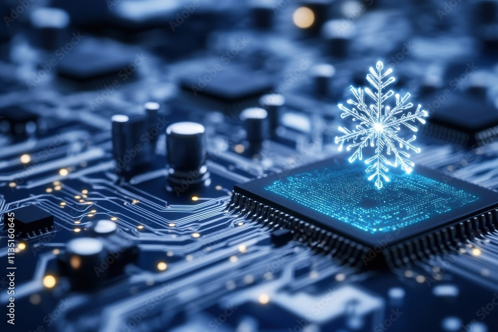 Digital Snowflake on Microchip Cooling Technology Concept Digital Snowflake on Microchip Cooling Technology Concept