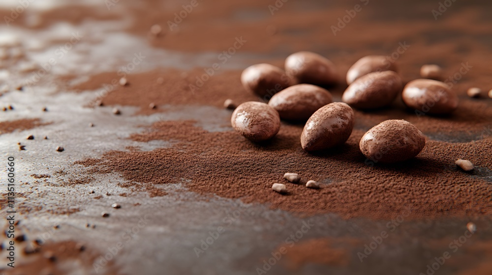 A close-up view of cocoa beans scattered on a rustic surface, surrounded by rich cocoa powder. The warm tones capture the essence of chocolate-making and gourmet ingredients. A close-up view of cocoa beans scattered on a rustic surface, surrounded by rich cocoa powder. The warm tones capture the essence of chocolate-making and gourmet ingredients.