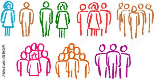Male Female Group of People Related Icons Crayon Chalk Drawing Vector Set