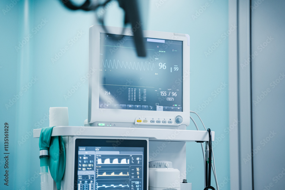 Advanced high tech medical monitors are continuously displaying vital signs in a modern clinical setting. Surgery room concept.