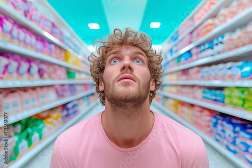 Young man looking up in a colorful grocery aisle