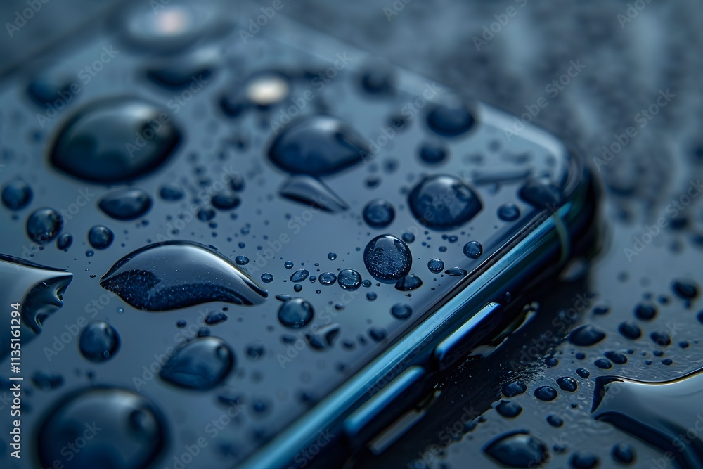 Close-Up of a Water-Resistant Smartphone Covered in Raindrops Close-Up of a Water-Resistant Smartphone Covered in Raindrops