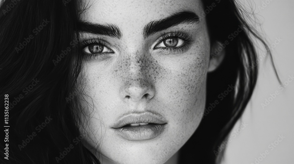 Monochrome Beauty: A Close-Up Portrait of a Woman with Freckles