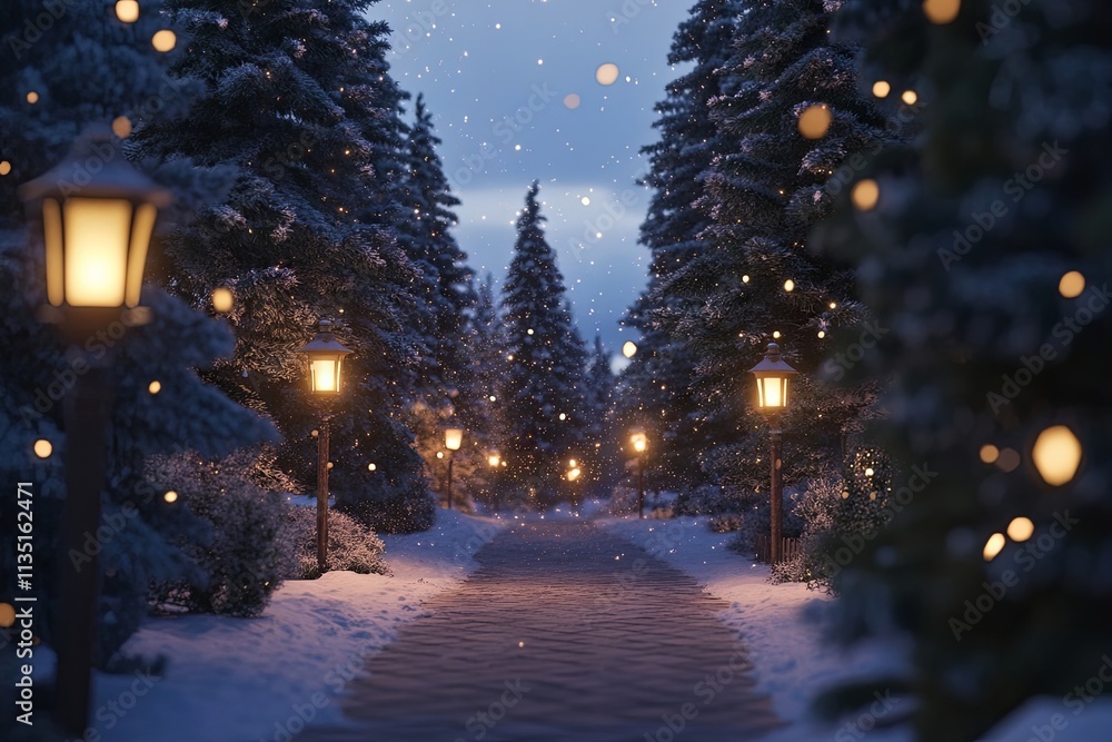 Winter Wonderland Pathway: Snowfall, Lights, and Snowy Pines Winter Wonderland Pathway: Snowfall, Lights, and Snowy Pines