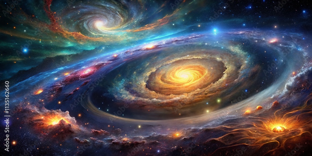 Obraz premium Stunning Abstract Cosmic Landscape with Vibrant Colors and High Depth of Field, Capturing the Essence of the Universe's Mysteries and Celestial Wonders