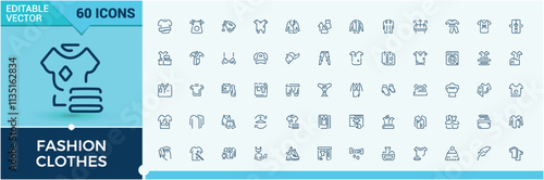 Fashion Clothes line icons set. Containing sneakers, winter, garment, leather, tshirt, fashion, clothing and more. Pixel perfect. Editable vector stroke.