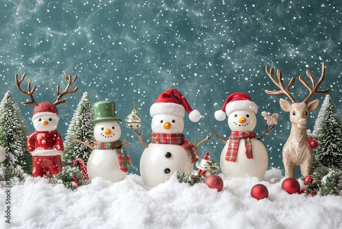 Christmas Snowmen and Reindeer in Winter Wonderland Scene photo