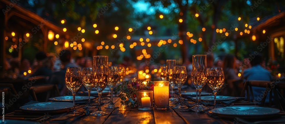 Romantic outdoor dinner party at night with candlelight and string lights. Romantic outdoor dinner party at night with candlelight and string lights.