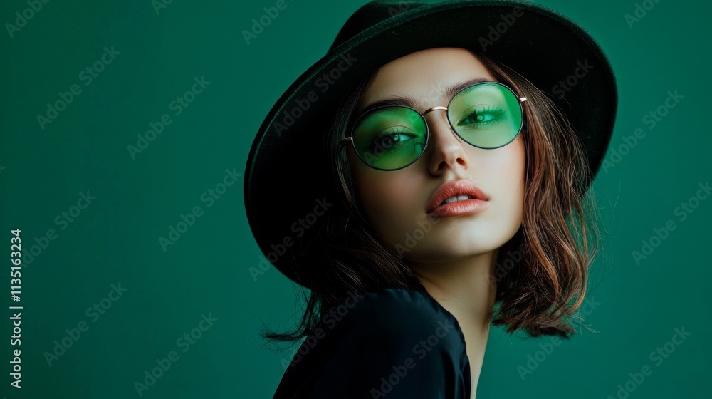 Stylish Woman in Green Sunglasses and Hat Stylish Woman in Green Sunglasses and Hat